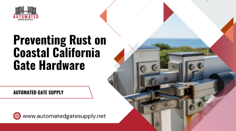 Modern coastal California driveway gate with rust-resistant hardware designed for durability.