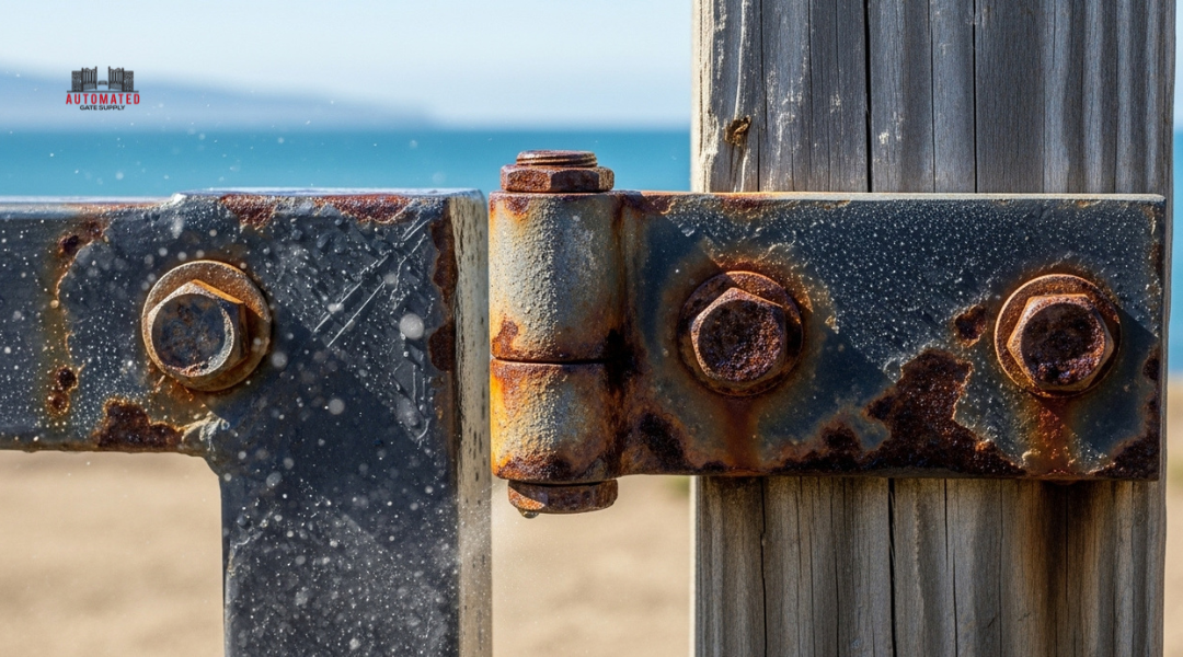 Close-up of a coastal California driveway gate hinge showing early rust from salt air exposure.