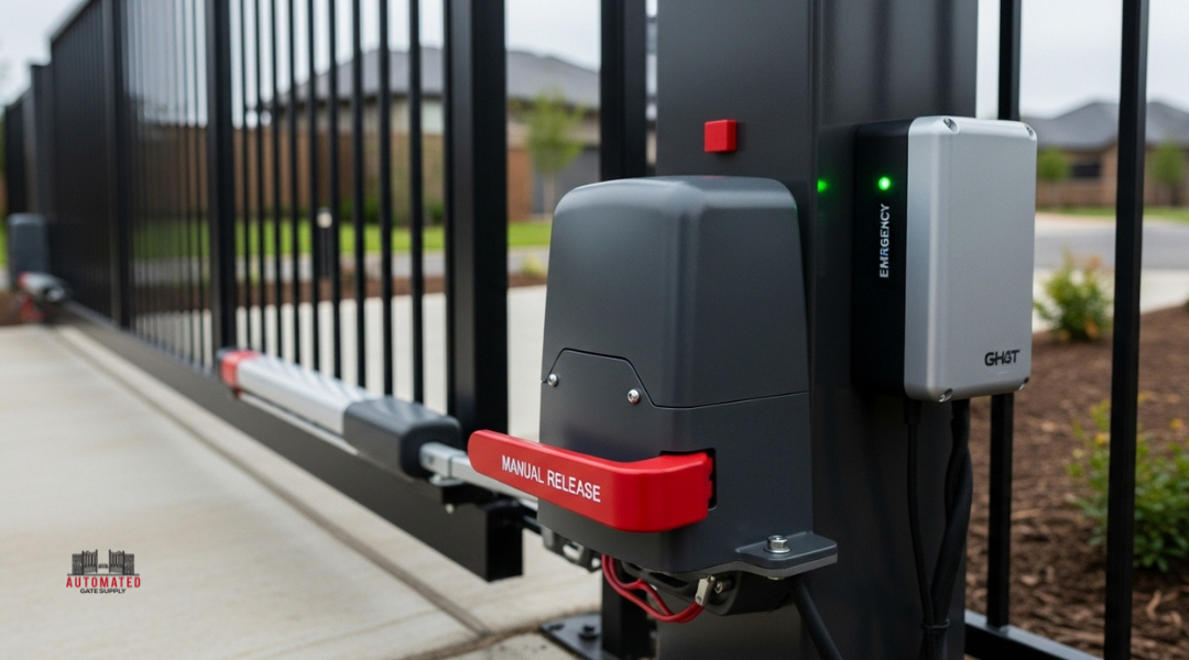 Automated driveway gate with manual release lever and backup battery system for emergency operation.