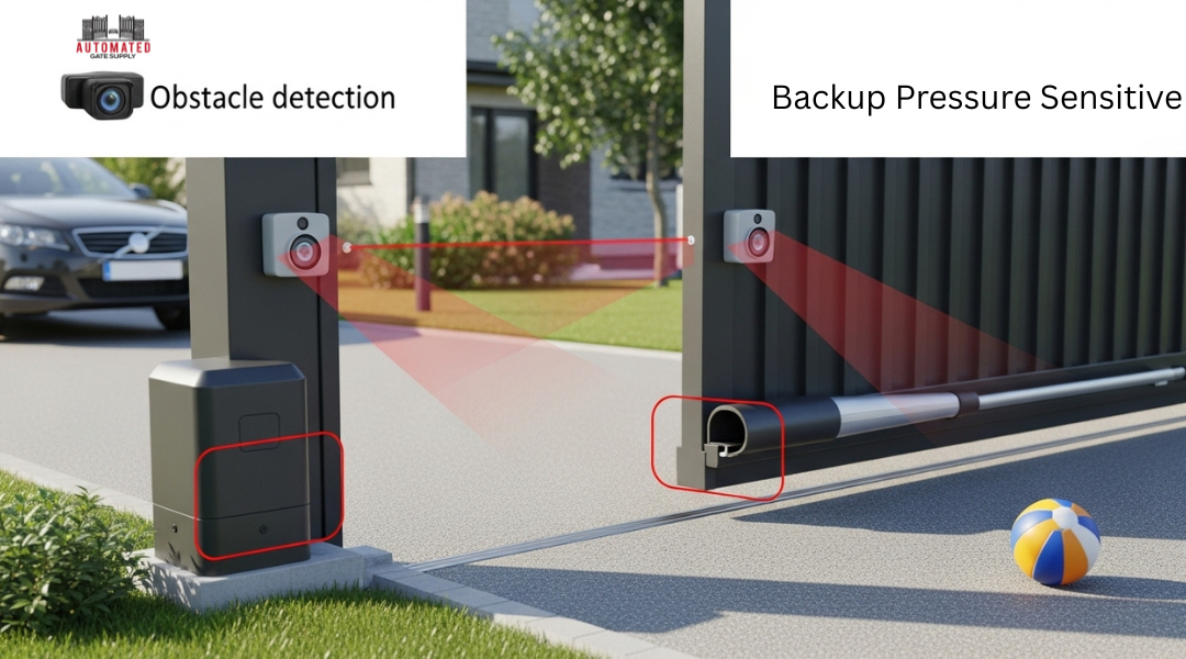 Automated driveway gate with photo eye sensors and safety edge to detect obstacles and stop accidents.