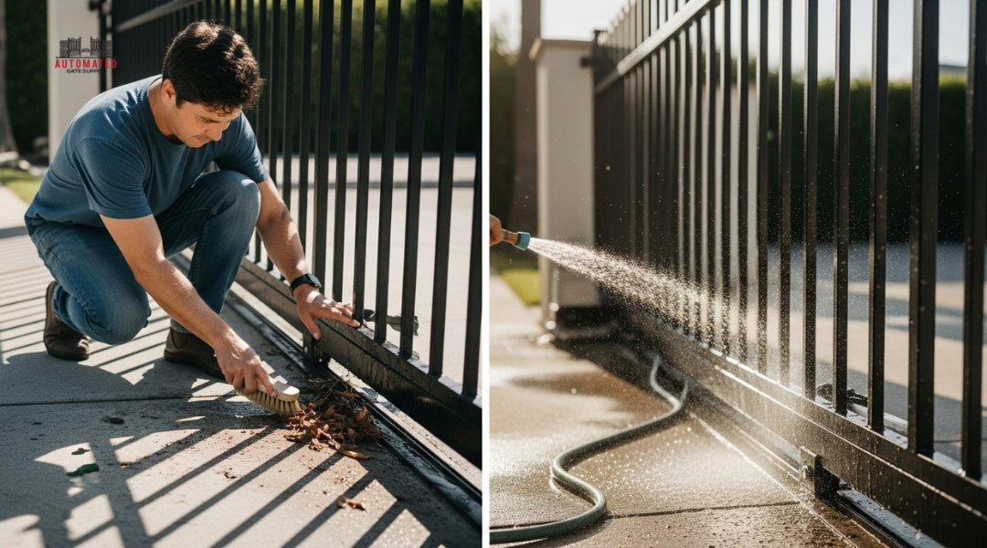 Homeowner in Los Angeles cleaning electric gate tracks and rinsing panels to prevent corrosion.

