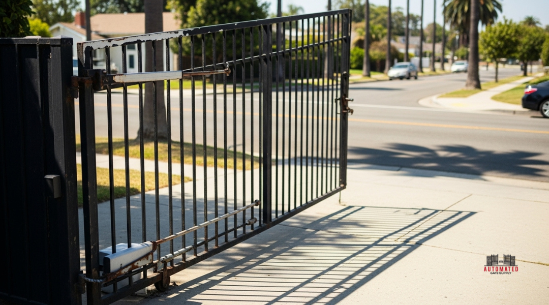 Electric driveway gate in Los Angeles showing paint fading and hinge wear under strong summer sunlight.

