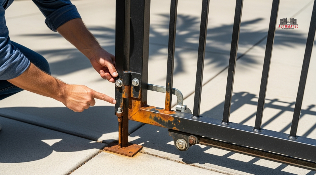 Homeowner inspecting electric gate in Los Angeles for rust, cracks, and loose bolts under bright sunlight.

