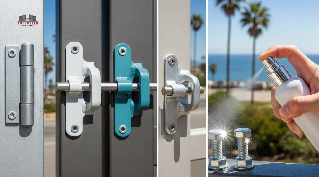 Coated gate hardware with powder coating, galvanizing, paint, and protective spray for coastal rust prevention.