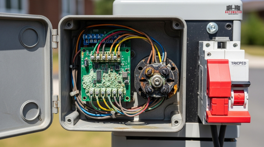 Gate operator control box with overheated wiring and tripped breaker