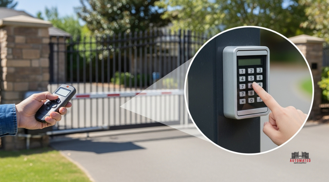 Testing driveway gate with remote and keypad showing delayed response and reduced range