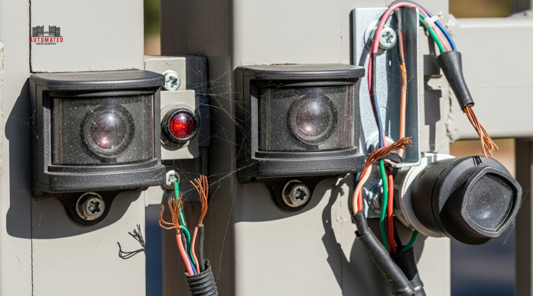 Driveway gate safety sensors with misaligned photo eyes and frayed wiring