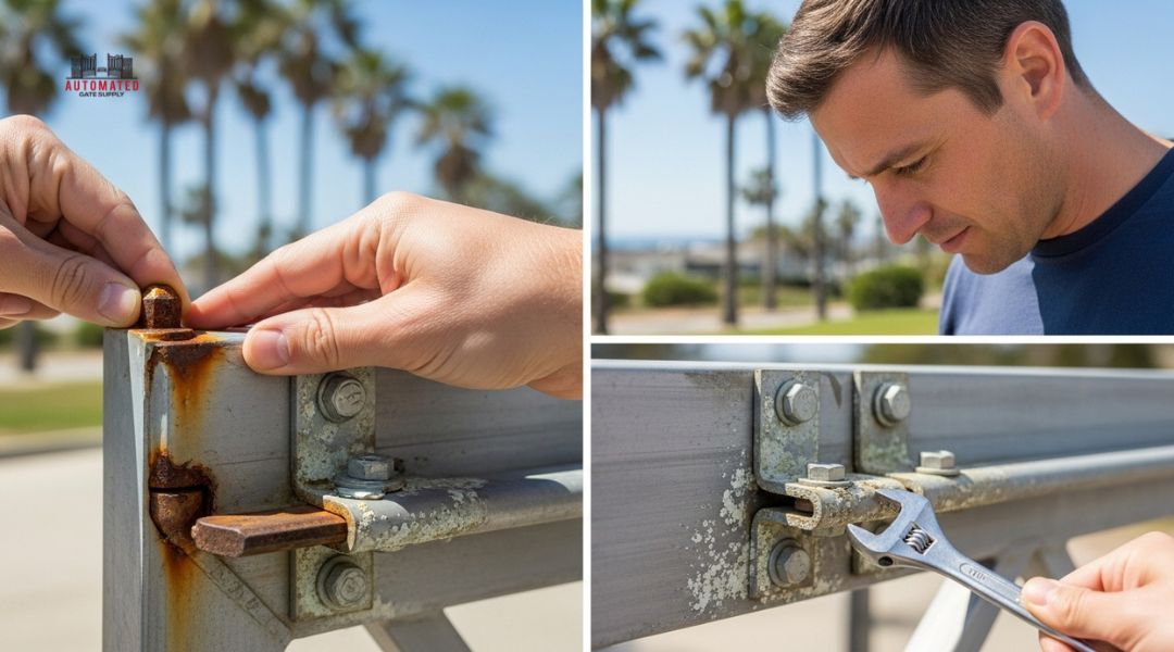 Homeowner inspecting hinges, tracks, and brackets of a driveway gate for early signs of rust and corrosion.