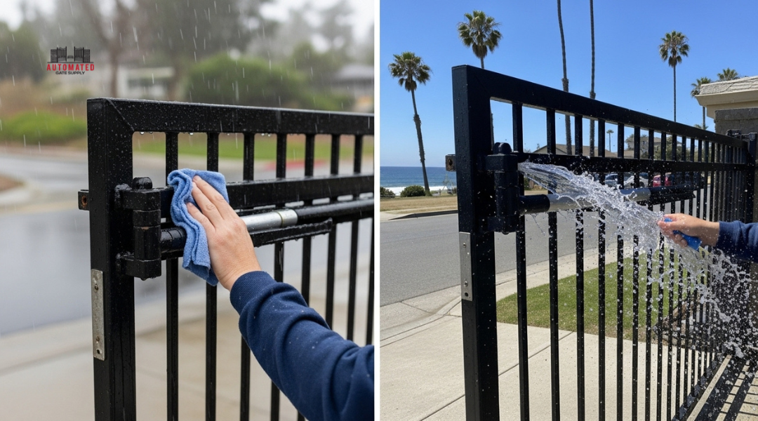 Electric gate in Los Angeles during rainy season and coastal summer, showing seasonal maintenance tasks.

