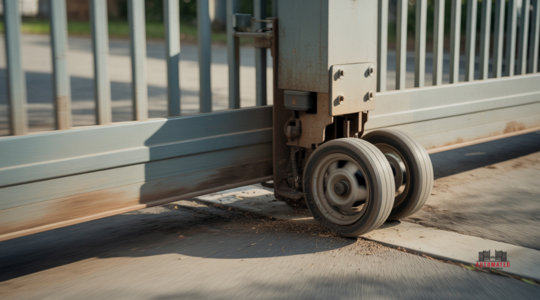 Automatic sliding gate showing jerky, uneven movement from worn wheels and track obstruction