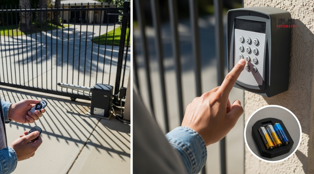 Homeowner in Los Angeles testing electric gate keypad and remote control for smooth operation.

