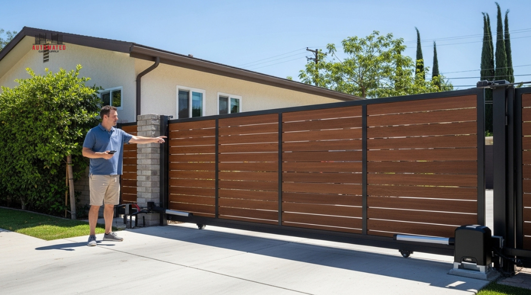 Homeowner in Los Angeles testing electric gate motor and operation with a remote control.

