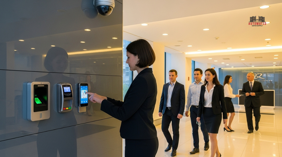 Employees and visitors using biometric, card, and mobile access at a secure office entry system.