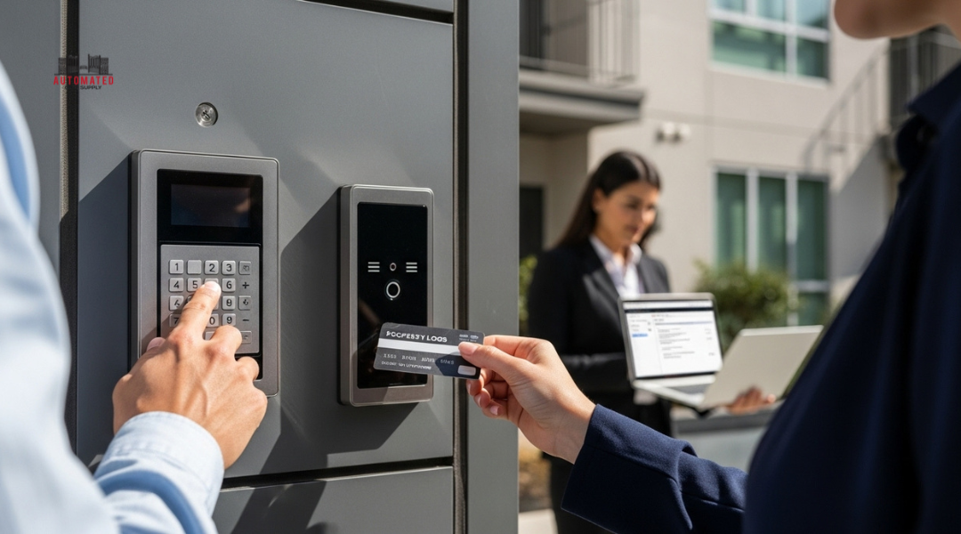 Resident using a keypad and card reader access control system at a Los Angeles multi-unit apartment building.