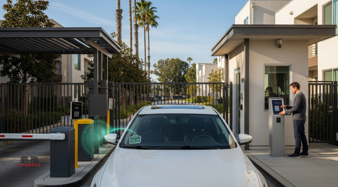 Gate operator and access control package at a Los Angeles gated apartment complex with vehicle tag and pedestrian keypad.