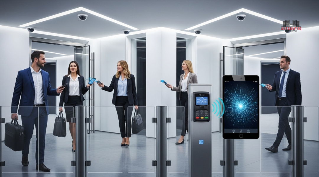 Keyless entry system in a multi-tenant commercial building lobby with digital access and security cameras.