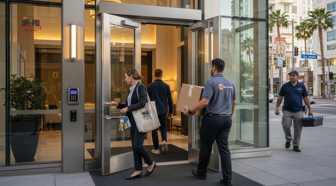 Residents, visitors, and delivery workers highlighting common security challenges in Los Angeles multi-unit apartment buildings.