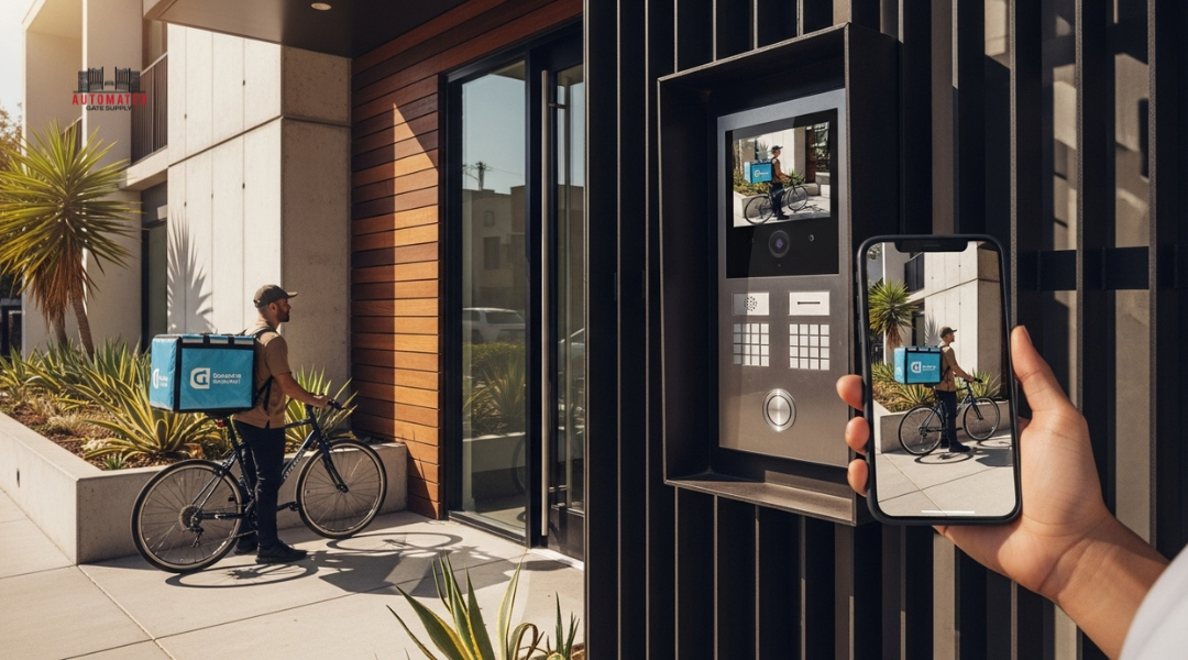 Smart intercom access control system in a Los Angeles apartment showing video call to resident’s smartphone.