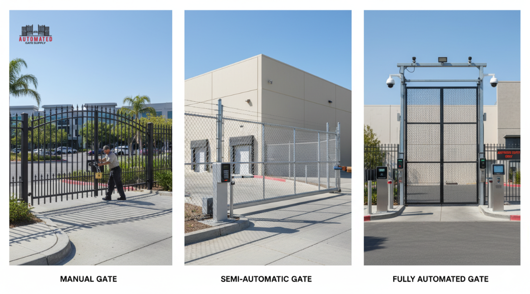 Comparison of manual, semi-automatic, and fully automated commercial gate systems in Burbank business settings.