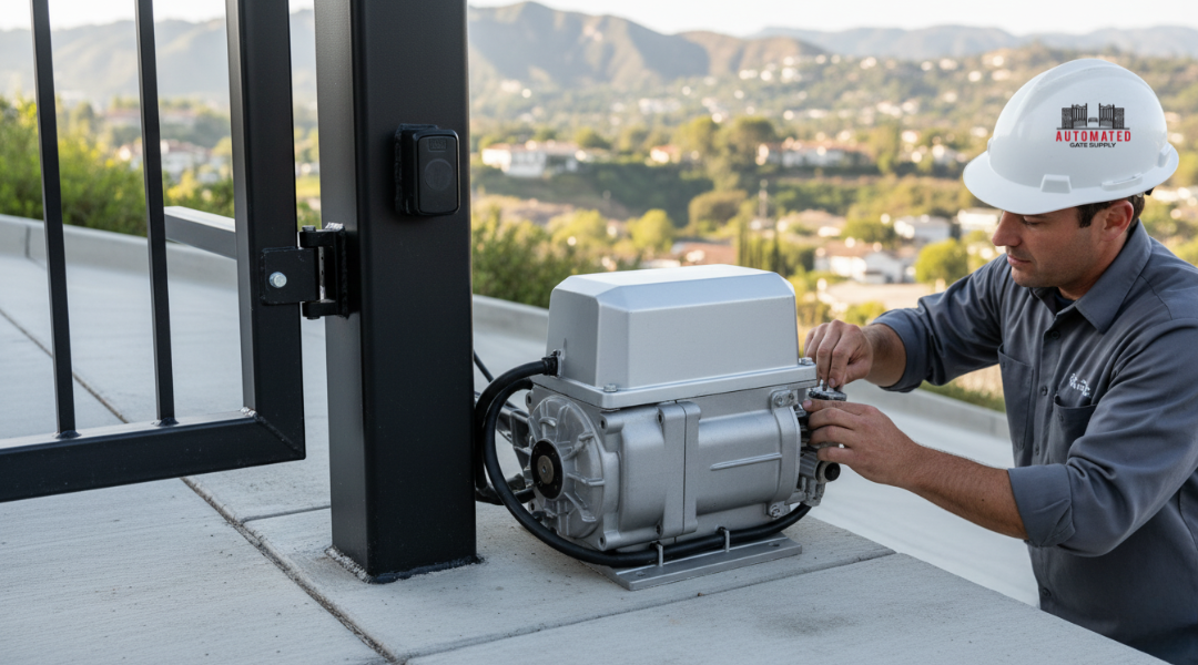 Technician inspecting high-quality electric gate components on a hillside property in Hollywood Hills.