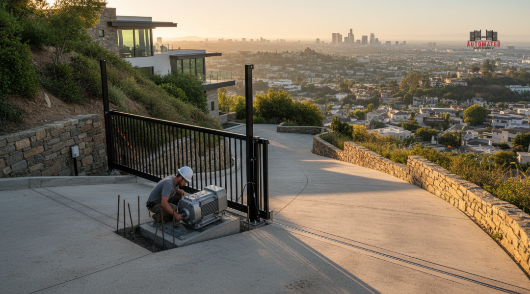 Electric gate installation on a steep Hollywood Hills driveway showing slope adjustments and foundation setup.