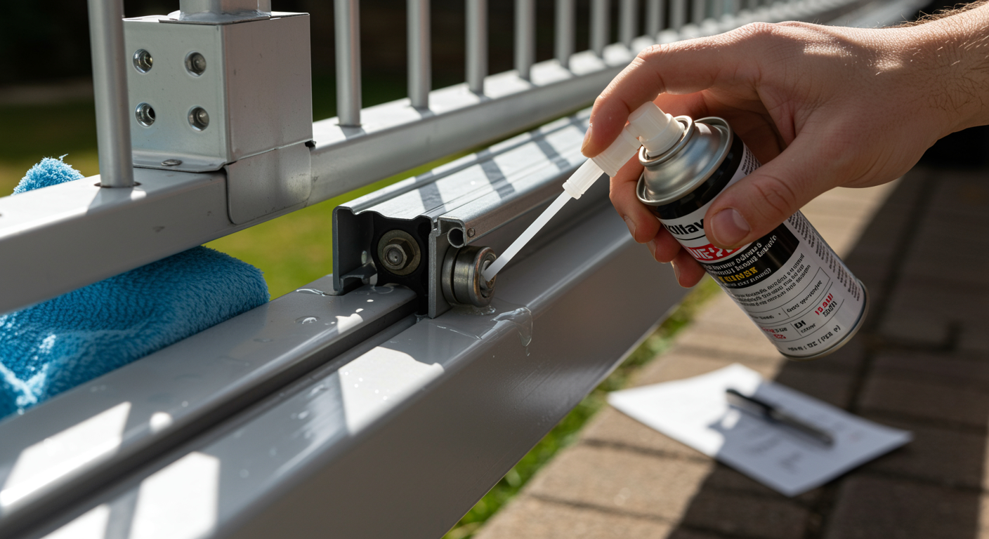 Homeowner applying silicone-based lubricant to a clean metal gate roller and track for smooth, quiet operation.