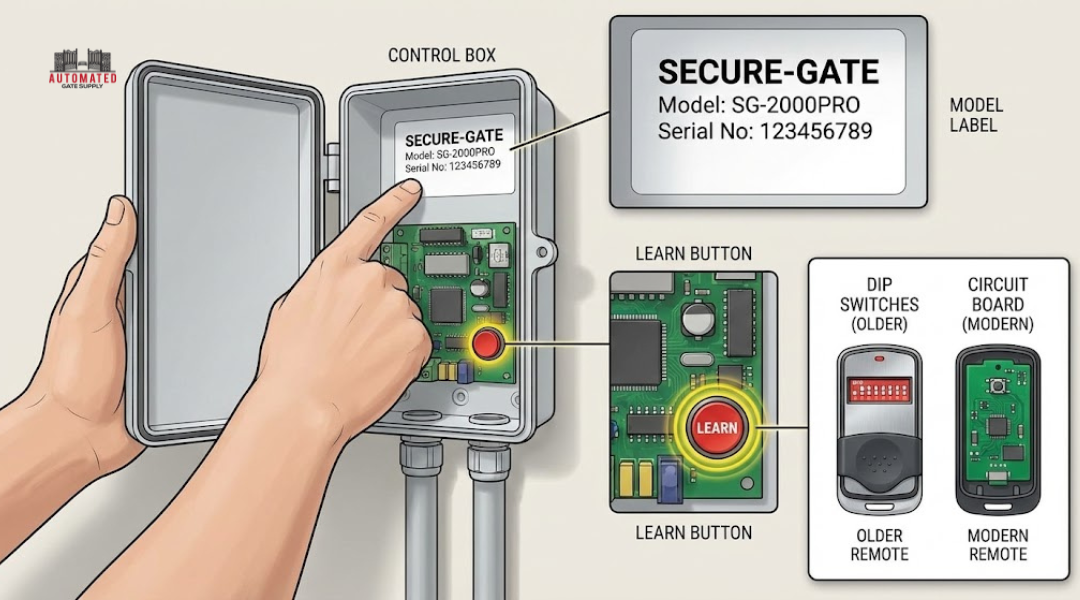 illustration of locating the model number and identifying gate opener system type