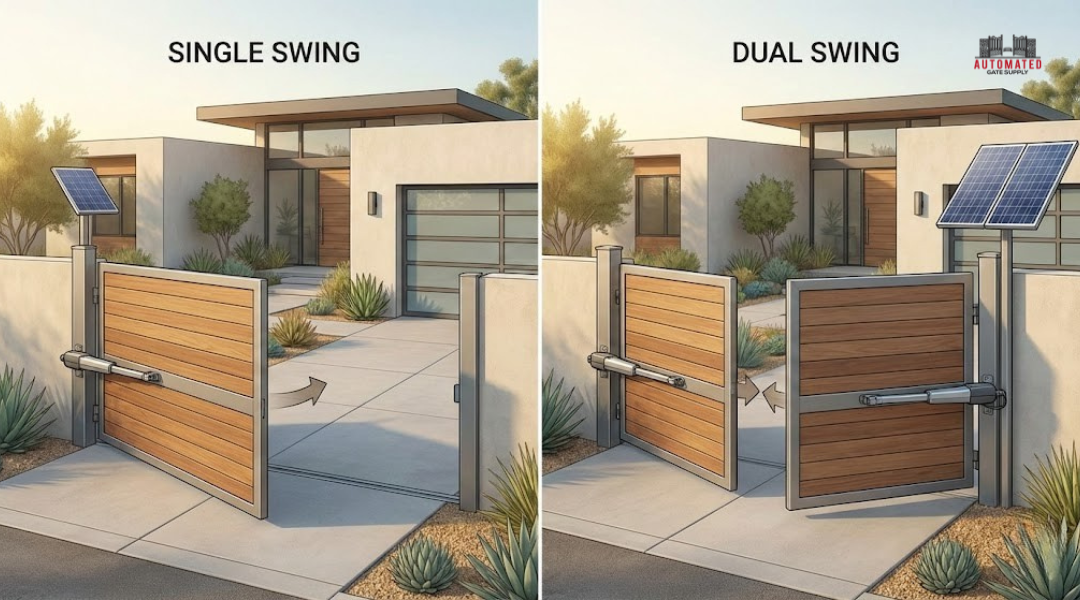 comparison of single swing and dual swing solar gate operators showing one-motor and two-motor systems for LA driveways