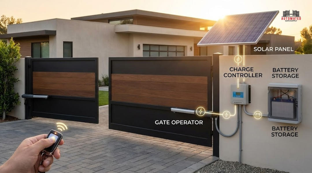 solar-powered gate operator system showing solar panel, charge controller, battery backup, and motor opening a driveway gate in Los Angeles