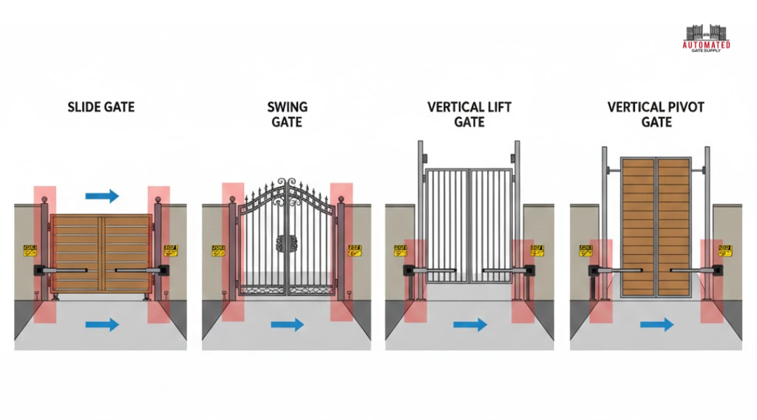 UL325 and ASTM F2200 compliant gate designs showing slide, swing, lift, and pivot gate safety standards.