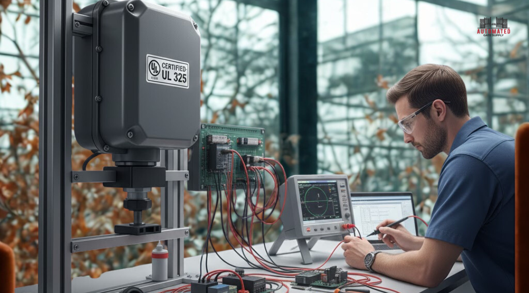 UL technician testing an automatic gate operator with visible UL325 safety certification.