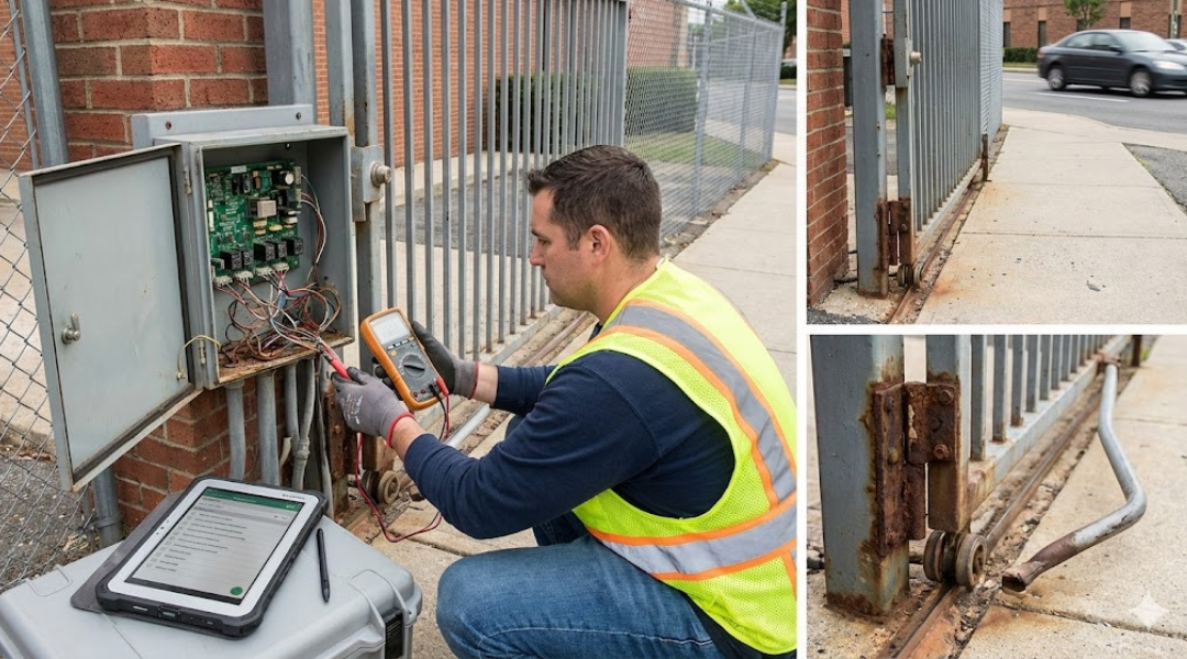 Technician inspecting gate hinges, control box wiring, and surrounding environment during a safety evaluation of an older gate system