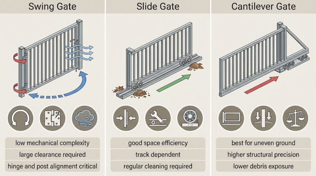 Infographic comparing swing, slide, and cantilever gates by space efficiency, reliability, maintenance exposure, and long-term stability for driveway layouts.