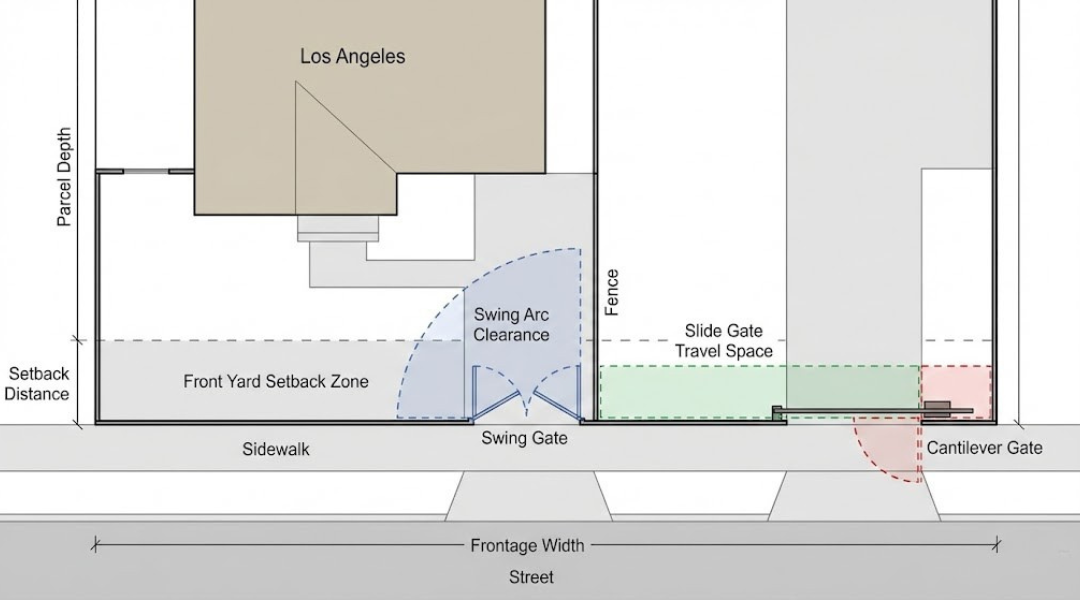 Top-down diagram showing how parcel depth, frontage width, and setback limits affect swing, slide, and cantilever gate clearance on a Los Angeles property.