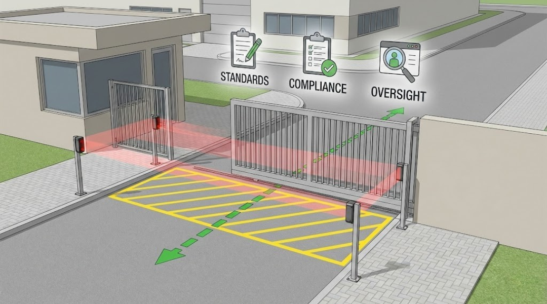 Operational intent of automated gate safety under UL 325 and ASTM F2200 showing sensors, control zones, and safe gate movement