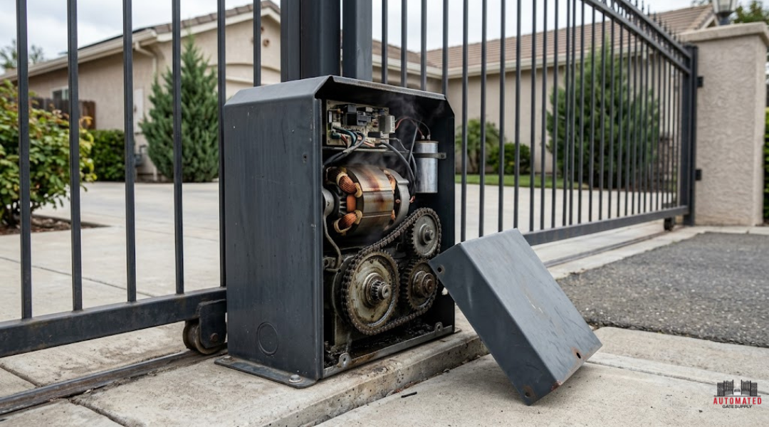 Gate operator motor showing overheating issues due to low capacity and poor thermal design in a residential sliding gate system