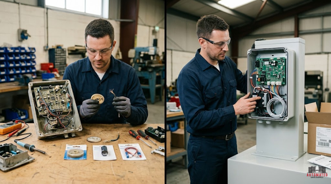 Technician comparing gate operator repair versus replacement to improve long term reliability and reduce downtime costs