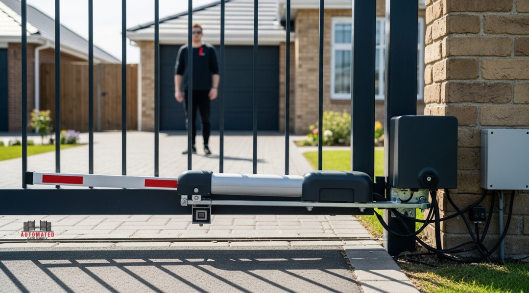 Automatic gate without safety sensors showing risk of injury and compliance issues in a residential gate operator system