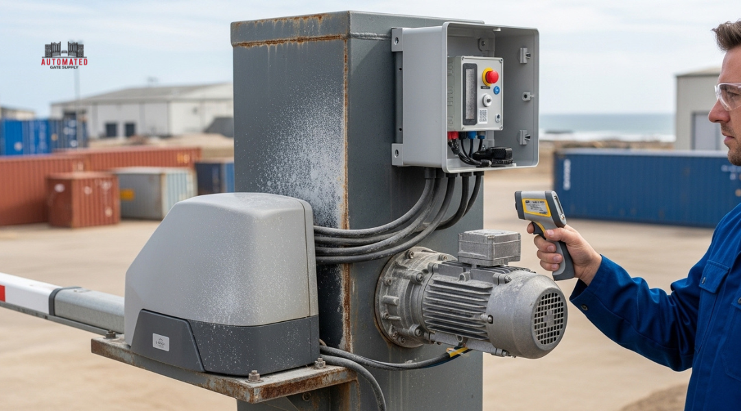 Gate operator exposed to weather and dust showing corrosion and overheating risks under heavy duty cycle conditions