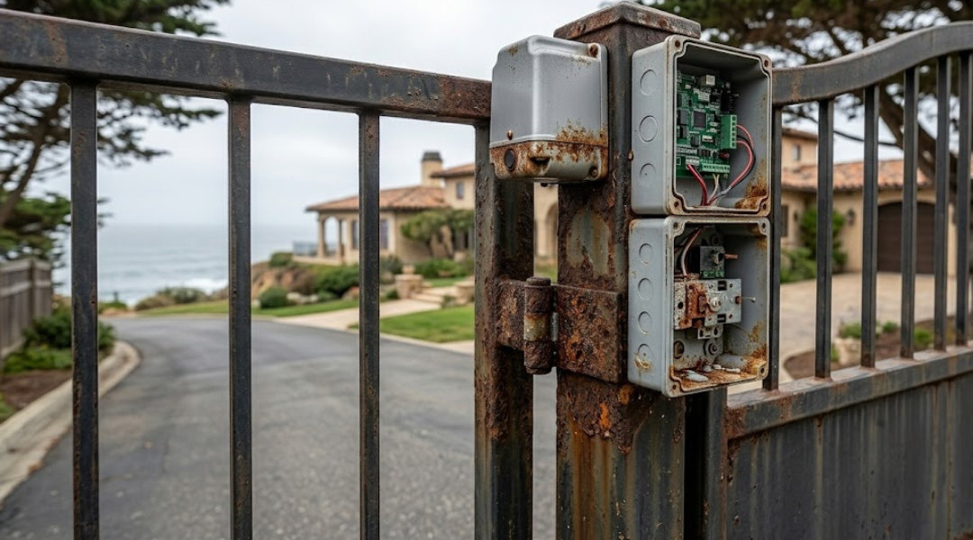 Coastal driveway gate showing corrosion on hinges and motor unit due to salt air exposure and moisture buildup