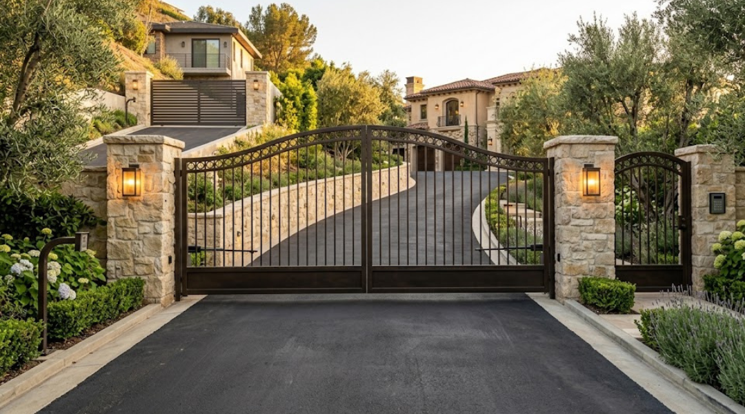 Large estate gate design showing double swing and sliding gate layouts scaled to driveway size in Beverly Hills properties