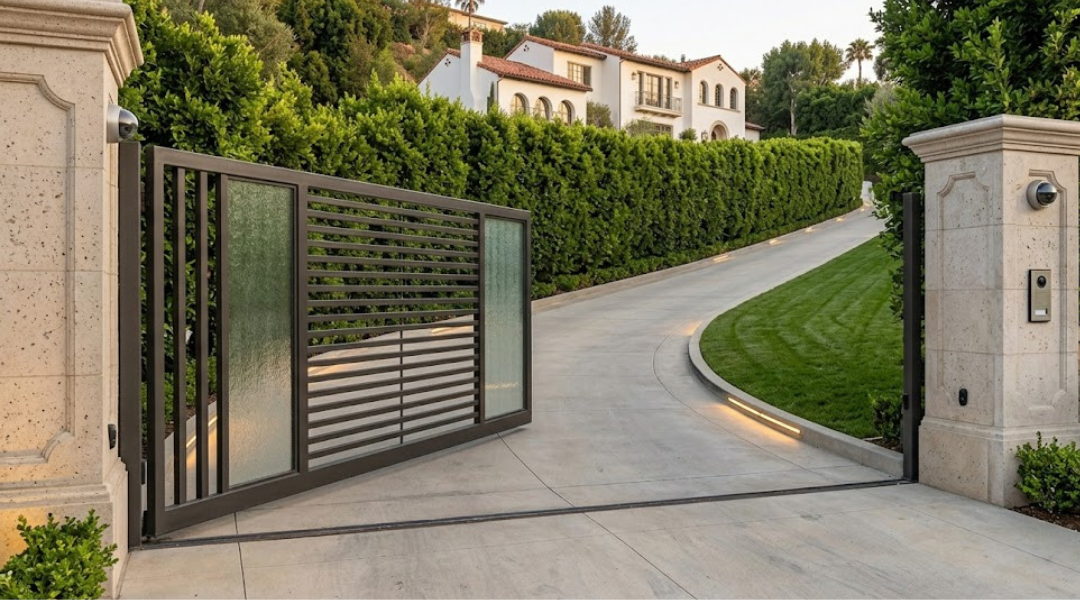 Motorized sliding gate with privacy panels and discreet security features used in high profile Beverly Hills estates