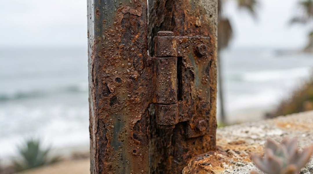 Close-up of metal gate hinge showing rust from salt air corrosion in coastal environment with visible pitting and oxidation