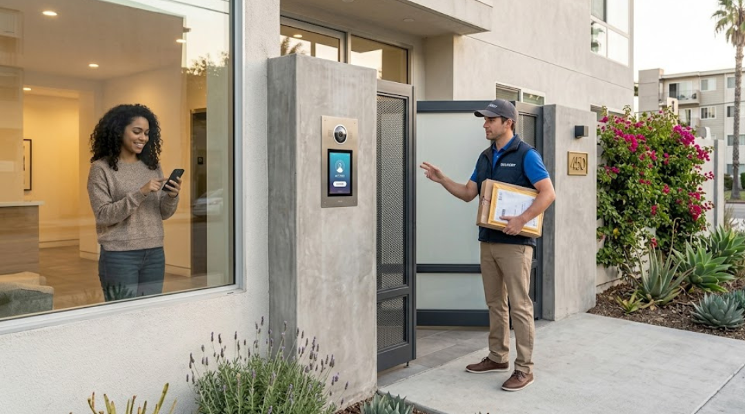 Smart intercom and mobile app access at apartment gate allowing visitor and delivery entry with secure logging system