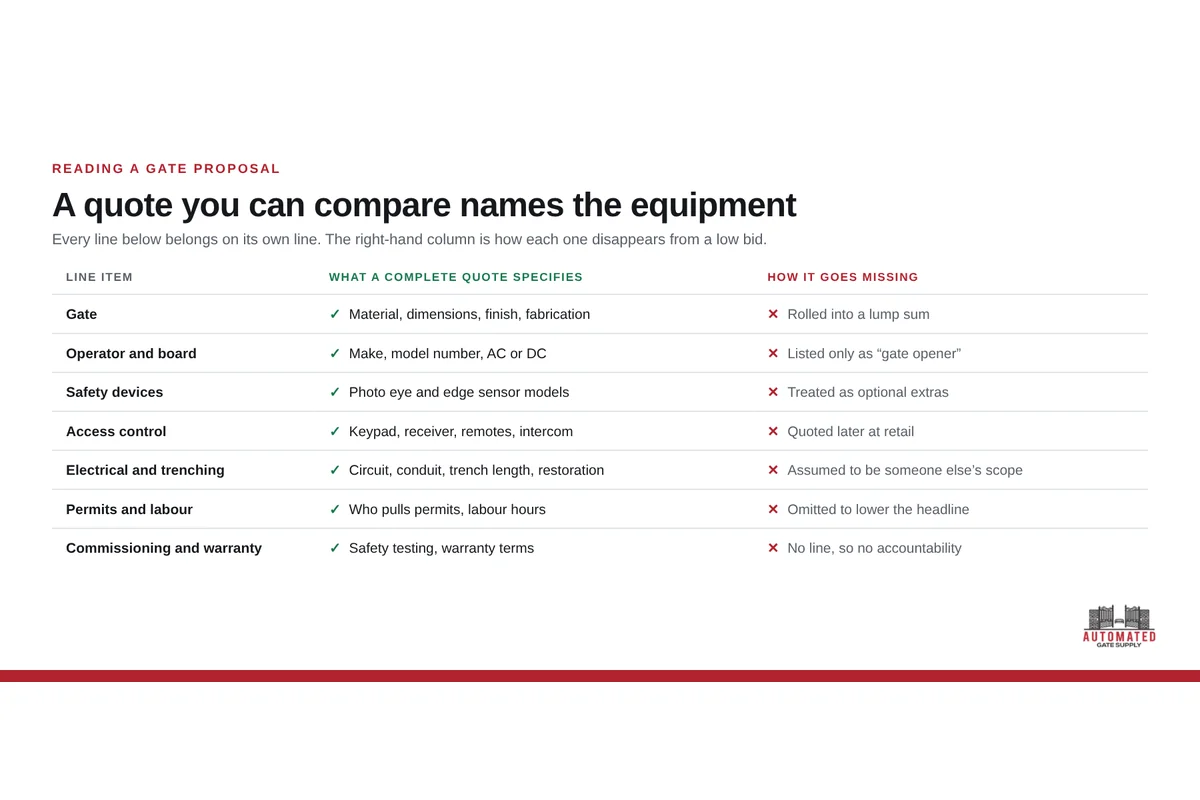Comparison of what a complete automatic gate quote itemises against what a low bid leaves out