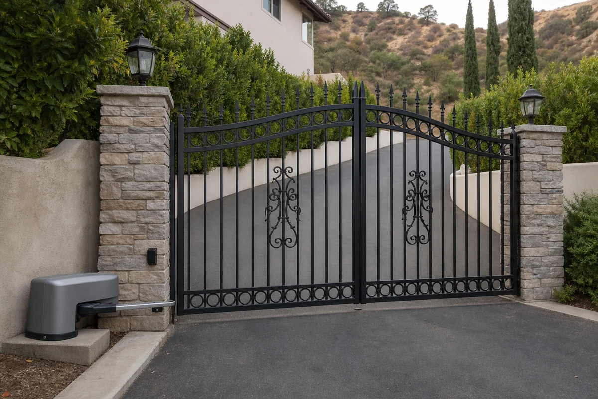 Dual swing ornamental iron driveway gate with swing operator and post-mounted photo eye