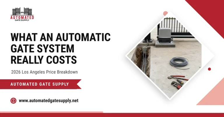 Automatic gate cost guide cover image showing a gate operator, trench and conduit during installation