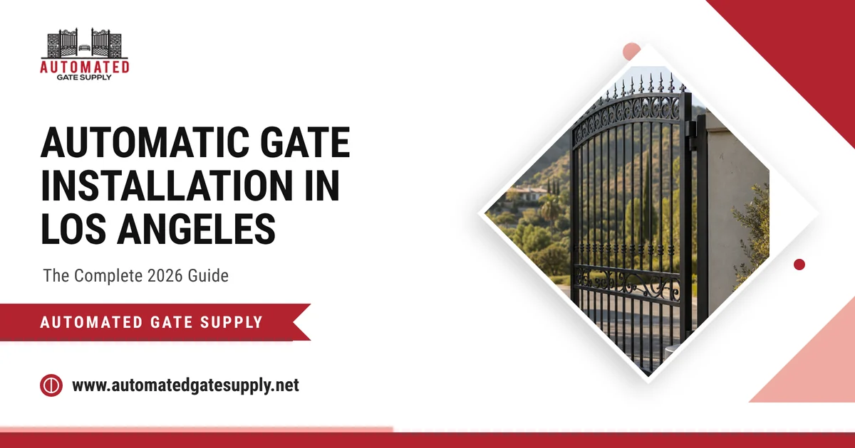 Automatic gate installation in Los Angeles guide cover image showing an automated iron driveway gate