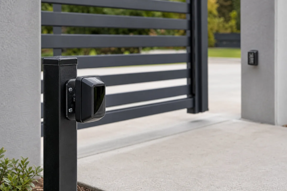 Gate Photo Eye and Edge Sensor Mounting Height Monitored photo eye and edge sensor mounted on a slide gate post above grade