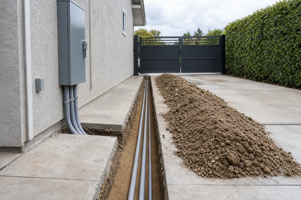 Open trench with conduit running from an electrical panel to a driveway gate post